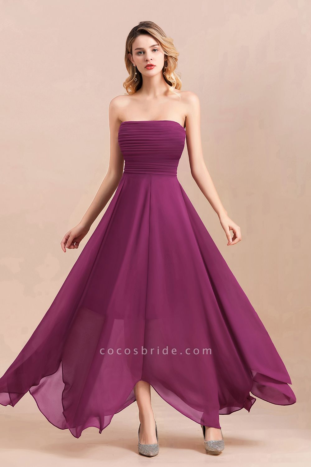 Strapless Backless Chiffon Evening Party Dress A-Line Ruched Bridesmaid Dress