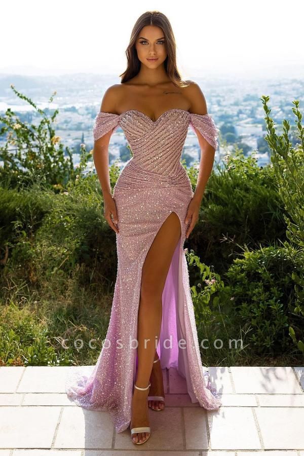 Gorgeous Long Mermaid Off-the-shoulder Glitter Prom Dress With Slit 