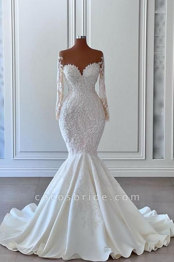 Gorgeous White Long Mermaid Sweetheart Satin Lace Wedding Dresses with Sleeves