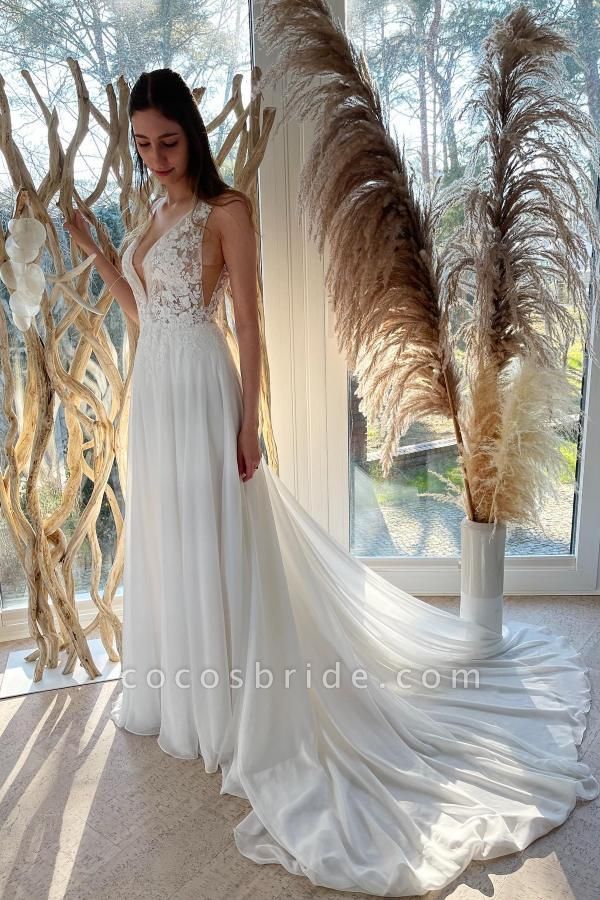 Elegant Long A-line V-neck Tulle Floral Lace Backless Wedding Dress