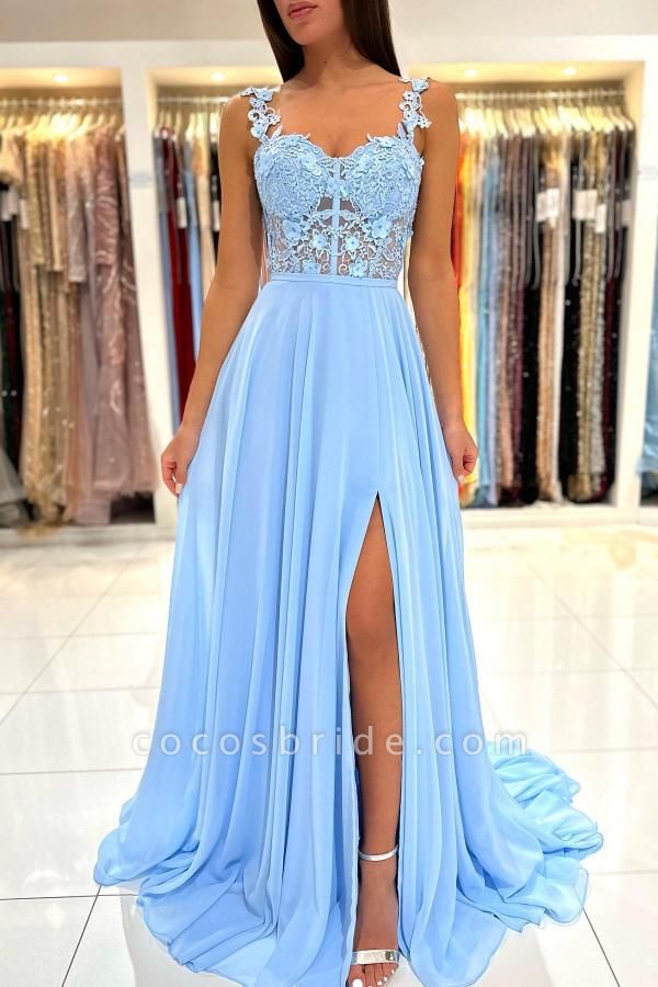 Simple Long A-line Sweetheart Chiffon Lace Backless Prom Dress with ...