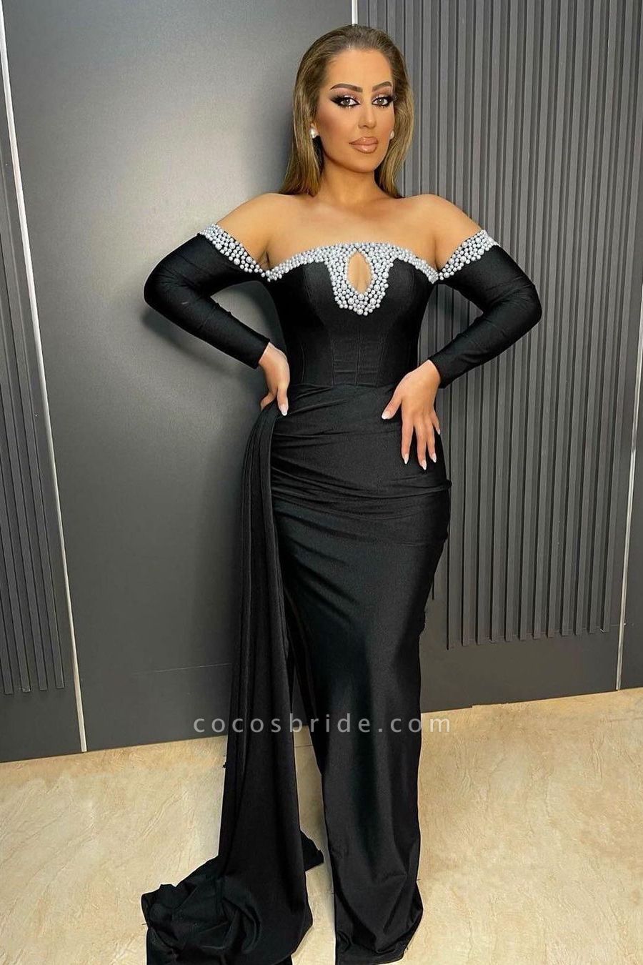 Off The Shoulder Long Sleeve Black Mermaid Prom Dress with Beads