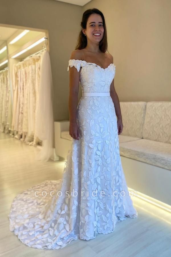 Elegant Long A-line Off the Shoulder Lace Wedding Dresses with Sweep Train