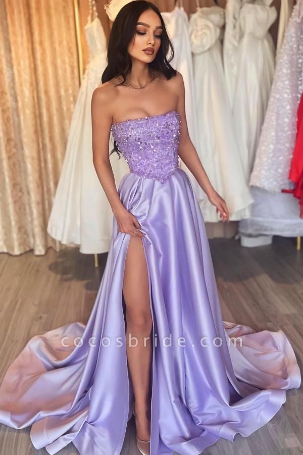 Slit Strapless A-Line Light Purple Satin Prom Dress with Sequins