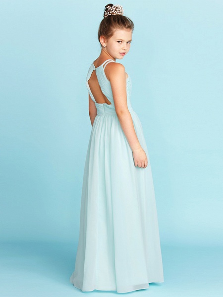 Princess / A-Line Jewel Neck Floor Length Chiffon Junior Bridesmaid Dress With Ruched / Side-Draped / Wedding Party / Open Back_2