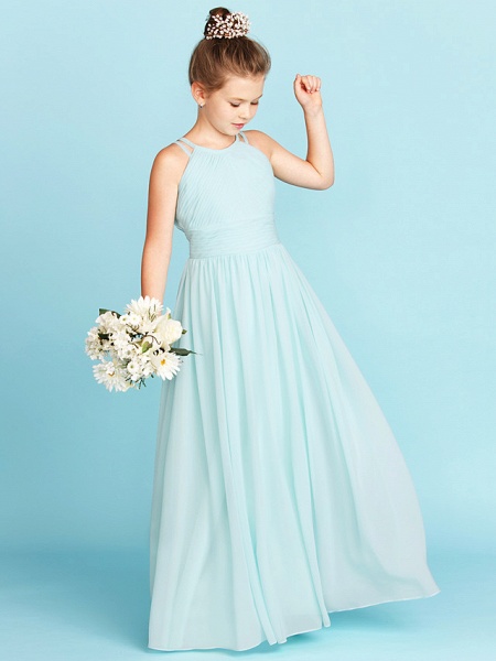 Princess / A-Line Jewel Neck Floor Length Chiffon Junior Bridesmaid Dress With Ruched / Side-Draped / Wedding Party / Open Back_3