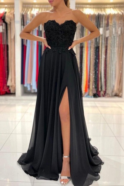 Elegant Black Long A-line Sweetheart Chiffon Prom Dress with Slit_1