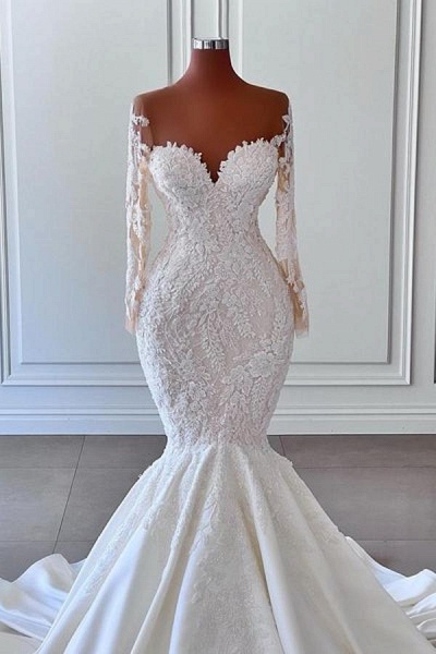 Gorgeous White Long Mermaid Sweetheart Satin Lace Wedding Dresses with Sleeves_2