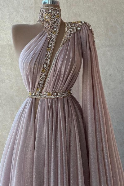 Long A-line Halter One Shoulder Chiffon Prom Dresses_2