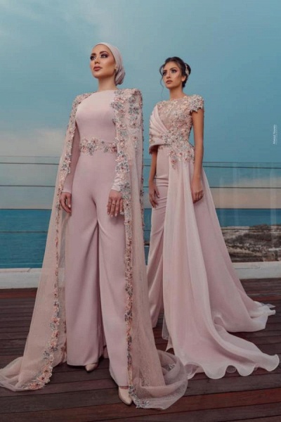 Short Sleeves Dusty Pink Jumpsuit Evening Dress Long Prom Dress with Train_3