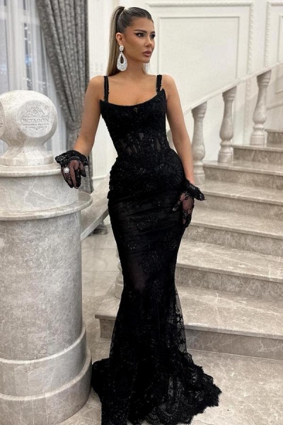 Black Spaghetti Straps Mermaid Lace Floor Length Prom Dress with Beadings