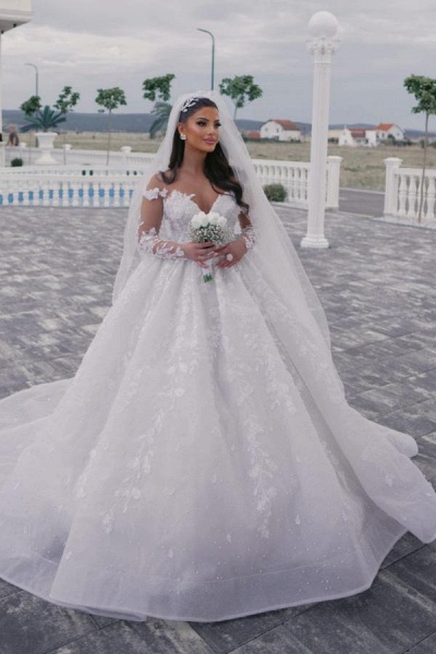 A Line V Neck Appliques Lace Long Sleeves Floor Length Wedding Dress with Beads