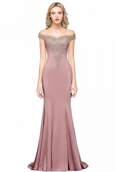 Open Back Pink Off The Shoulder Mermaid Long Bridesmaid Dress with Appliques Lace