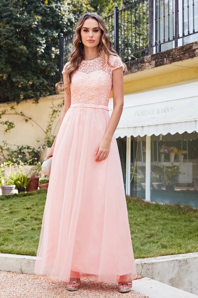 Pink A-line Chiffon Crew Neck Capped Floor Length Bridesmaid Dress with Lace Hollowout