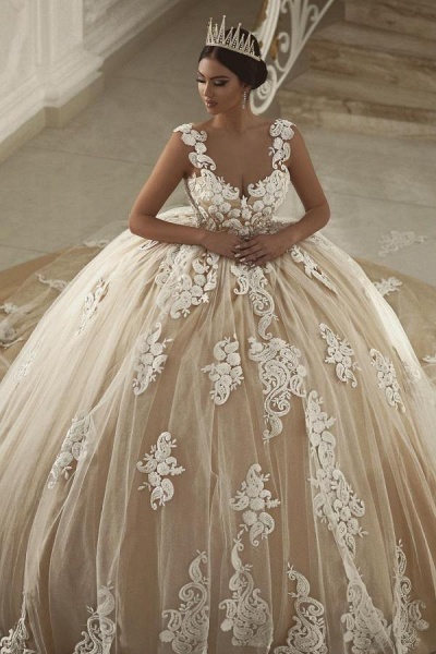 Elegant Ball Gown Off The Shoulder V Neck Tulle Appliques Lace Long Wedding Dress