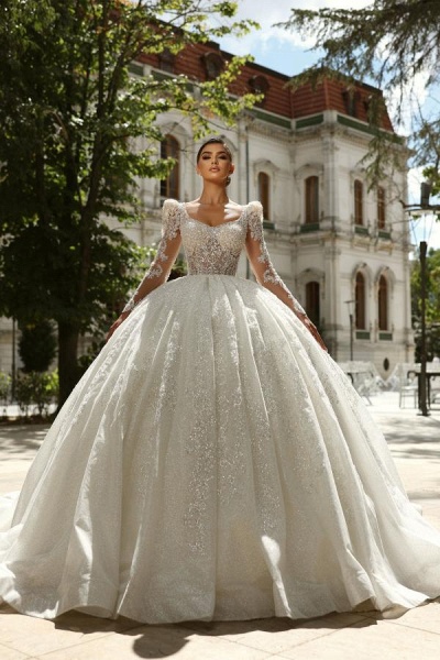 Elegant Long Sleeve Ball Gown Tulle Wedding Dress with Rhinestones and Beads