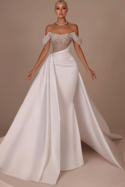 Off The Shoulder Mermaid Satin Sequined Wedding Dress with Court Train