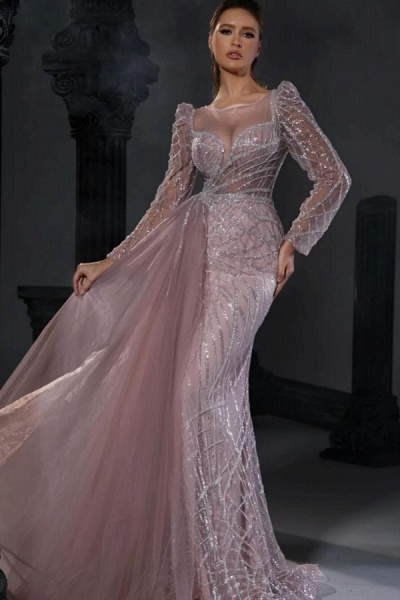 Long Sleeve Mermaid Pink Tulle Sweetheart Prom Dress with Seqins