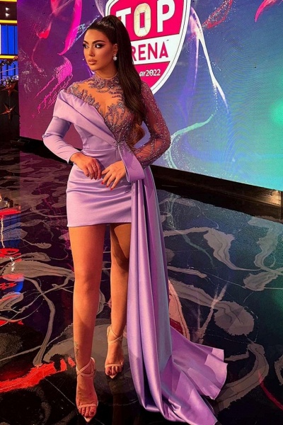 Short High Neck Long Sleeve Appliques Mermaid Satin Prom Dress with Train