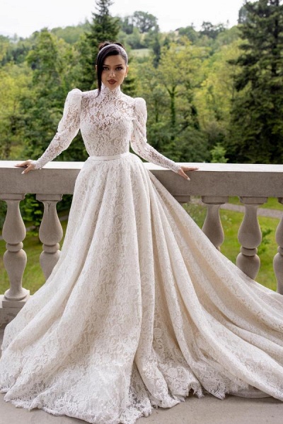 Lace A-Line Ruffled High Neck Long Sleeve Floor Length Wedding Dress