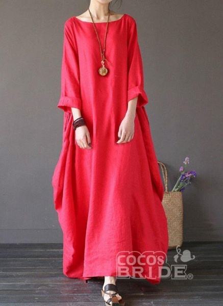 Red Plus Size Tunic Solid Round Neckline Casual Maxi Plus Dress_5